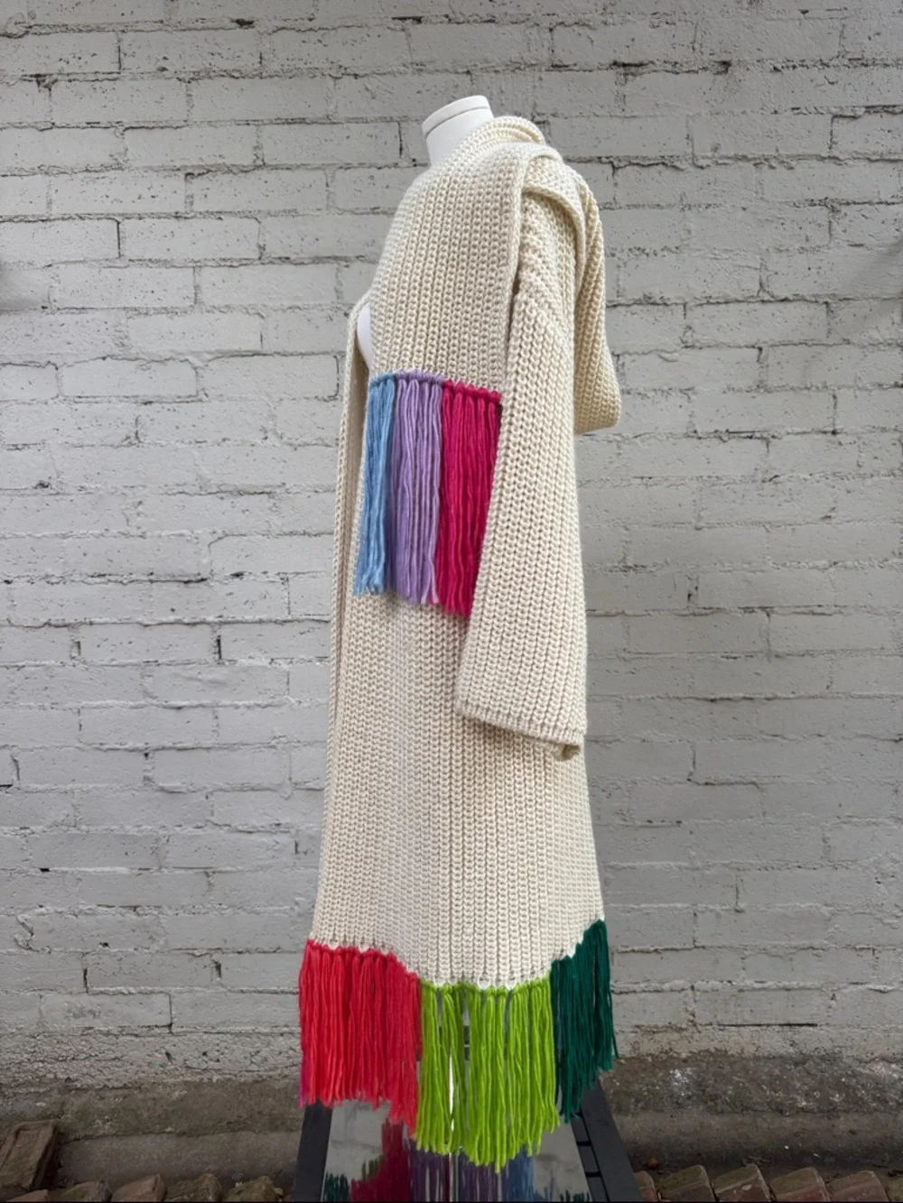 By Anthropologie Long Cardigan + Scarf Set Ivory Rainbow Fringe One Size